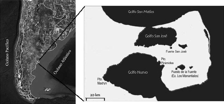 Figura 1. Localización del Fuerte San José y del Puesto de la Fuente, Península Valdés, Chubut