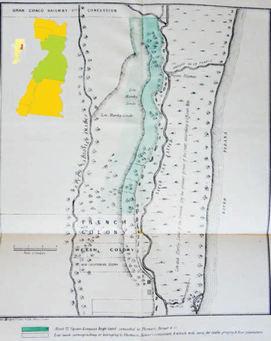 Figura 2: Extensión del terreno concedido a la compañía extraído del informe realizado por Rickard (1870) a pedido de Thomson Bonar & Co donde se detallan las características ambientales y sociales del terreno a comprar