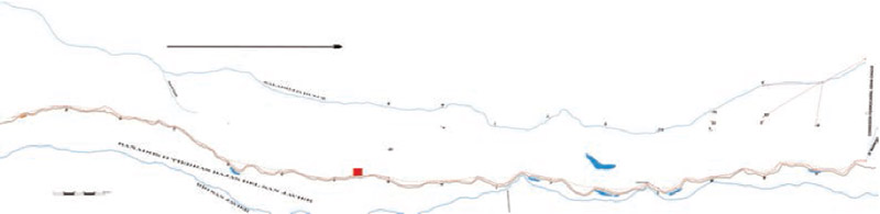 Figura 4: Copia del plano de mensura del campo perteneciente a los Sres. Thomson, Bonar and Cia., situado en el paraje Pájaro Blanco (1871) donde se ubica con un cuadro rojo el sitio arqueológico Casa de la Administración. Gentileza del geólogo Aldo Giacardi de la Universidad Nacional de San Luis