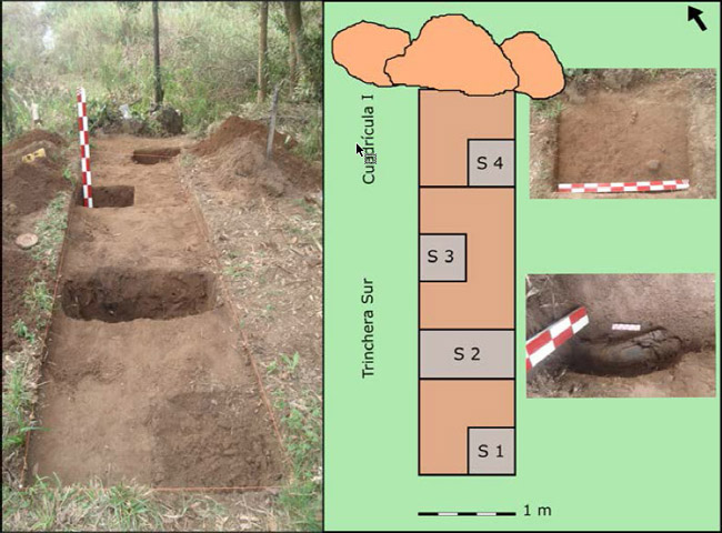 Figura 5. Fotografía y planta de la excavación de la cuadrícula I y la trinchera Sur con sus respectivos sondeos (S1, S2, S3 y S4). A la derecha, pueden observarse algunos hallazgos in situ: un leño quemado en el sondeo 2 y una acumulación de cerámicas y un guijarro en la cuadrícula I