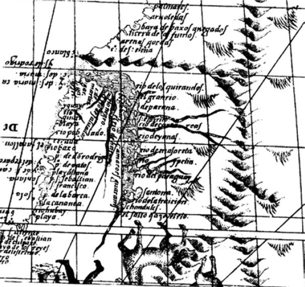 Figura 9. Fragmento del mapa de Sebastián Caboto del año 1544 (Medina 1908: 157). Se encuentra ubicado con el sur hacia “arriba” para simplificar su lectura. Nótese que “Santana” se encuentra en la margen derecha del río Paraná