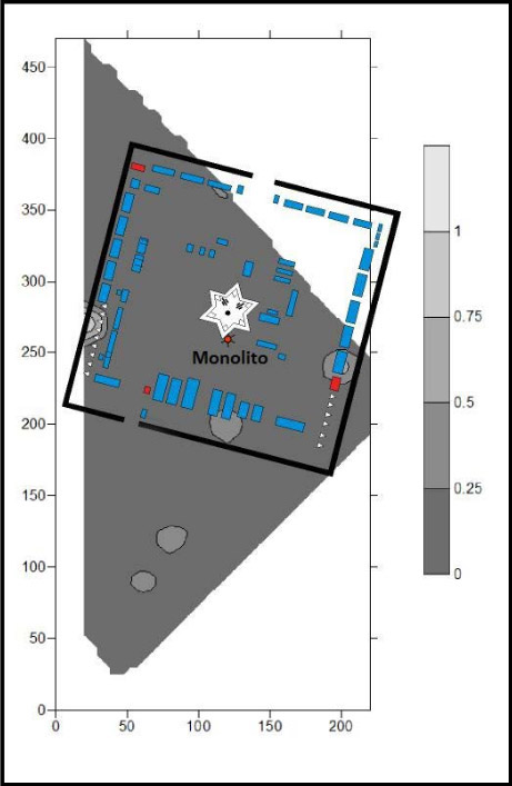 Figura 7: Distribución espacial de restos óseos superficiales, con superposición de la ciudadela del FGP según el plano histórico (intervalos expresados en densidad de materiales por m2; en rojo edificios señalados como cocinas en el plano)