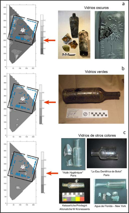 Figura 9: Distribución espacial de fragmentos de a) vidrios oscuros, b) verdes y c) de otros colores, con superposición de la ciudadela del FGP según el plano histórico (intervalos expresados en densidad de materiales por m2)