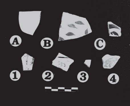 Figura 9. a. Loza “Corona”; b. Gaudy Dutch; c. Azul Difuso; 1. Impresa por transferencia; 2. Pintada a mano local; 3. Borde de Concha Verde; 4. Mayólica a/b