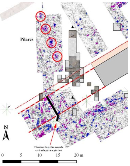 Figura 12: Time-slice georreferenciado com estruturas arqueológicas dos blocos prospectados nos arredores da senzala