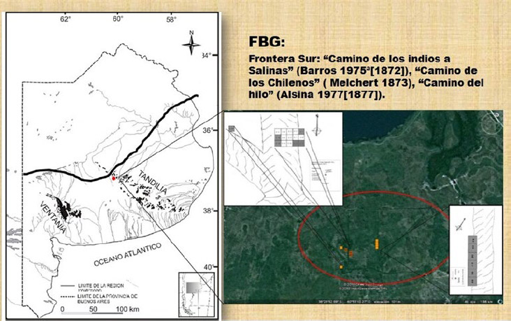 Figura 1. Imagen satelital actual del FBG, donde se pueden observar sus fosas perimetrales y las áreas de descarte o basurero (FOB1, FEB2 y SP.