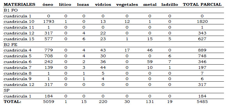 Tabla1. Hallazgos en planta: sector descarte (B1FO, B2 FE y SP)