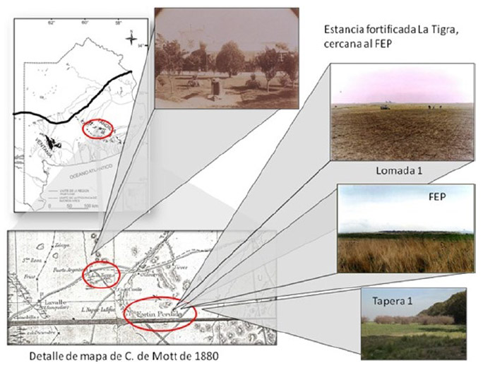 Figura 7.Detalle del mapa de la provincia de Buenos Ares de Ch. de Mott donde se localiza la Tigra y el FEP. Imágenes de la LAEP (FEP; Lomada 1 y Tapera 1)