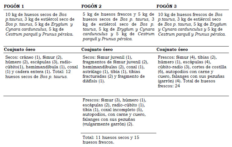 Tabla 2. Constitución de los fogones