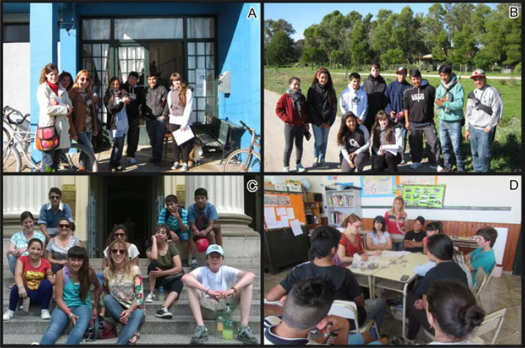 Figura 2. a: Fachada de la escuela con docente, preceptora y alumnos; b: alumnos durante la salida de prospección; c: visita al Museo de Ciencias Naturales, La Plata; d: análisis del material arqueológico recuperado en la excavación