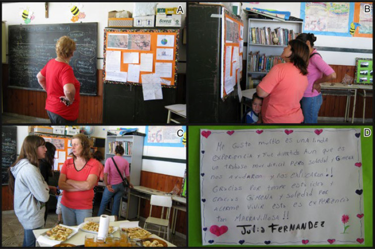 Figura 3. Muestra de las actividades realizadas; a, b y c: comunidad participando de la muestra; d: devolución de una estudiante