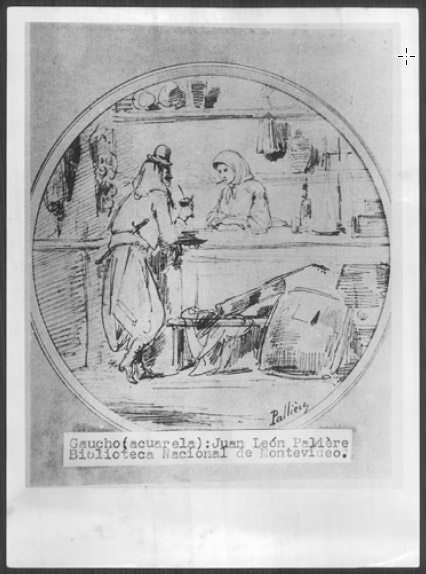 Figura 4. Dibujo de una pareja mateando en una pulpería. J. L. Palliere. Número de Inventario A.G.N.: 211465