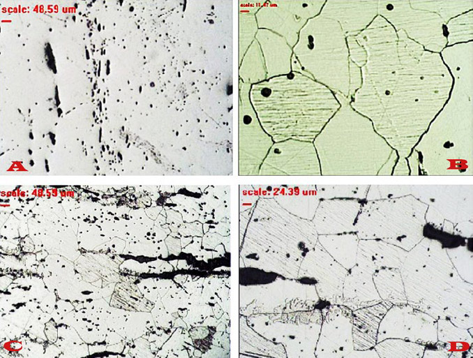Figura 9. A) Vista longitudinal 50X (sin nital); B) Vista longitudinal 200X (con nital al 3%);C) Vista transversal 50X (con nital al 3%); D) Vista transversal 100X (con nital al 3%)