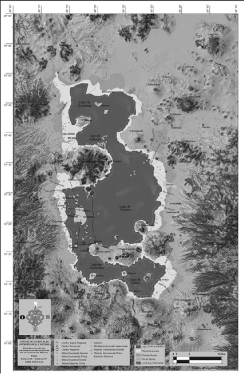 Figura 3. El área de la Cuenca de México hacia 1521. (Datos actualizados de plano original de Sanders y otros 1979;Mapa 18). La línea negra indica donde se ubicaba el Albarradón de Nezahualcóyotl y las otras líneas son las calzadas-diques