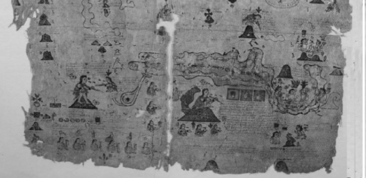 Figura 8. Fragmento del Códice Xólotl Lamina II en el cual se aprecia con una canoa en el estrecho entre Ecatepec y Chiconautla. Este glifo significa que en ese lugar existía un paso de canoas en el estrecho