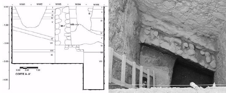 Figura 16. Corte estratigráfico y estratigrafía de la Cala Transversal 1. Figura 17. Detalle del piso colonial