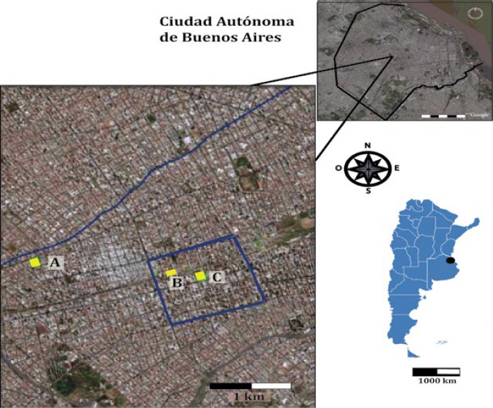 Figura 2. Localización de los sitios bajo estudio en la Ciudad Autónoma de Buenos Aires: A. Corralón de Floresta; B. Rodríguez-Visillac; C. Plaza Pueyrredón. El área delimitada en azul corresponde al casco histórico del Curato de San José de Flores