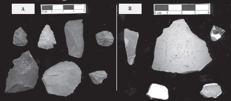 Figura 14. A: Líticos de excavaciones y recolecciones de superficie; B: Gres y lozas de HBN