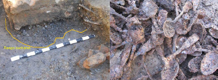 Figuras 6a y b. Rasgo y algunas de las cucharas recuperadas en la Trinchera 1 (centro)