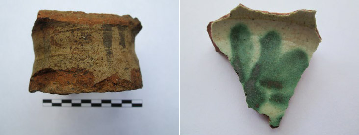 Figuras 13a y b. Acercamiento a cuello de botija (vista lateral) y fragmento de mayólica colonial tipo Panamá polícromo
