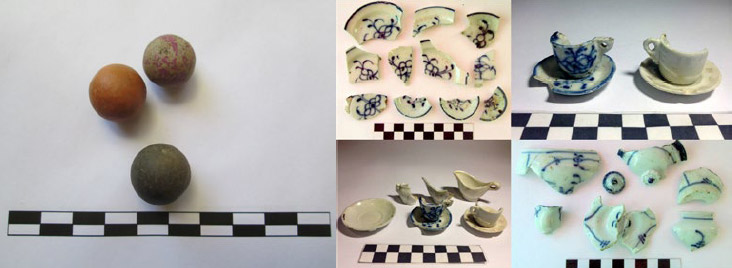 Figura 17a. Conjunto de bolitas (juguetes) recuperadas desde el sector norte de la Trinchera. Figura 17b. Fragmentos de juegos de té (Fotografías de V. Popovic)