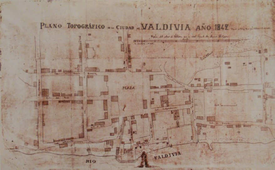 Figura 23. Mapa Topográfico de la ciudad de R. Philippi, 1842. En: Guarda 2009. Nótese la península, coincidente con el emplazamiento del sitio CRV