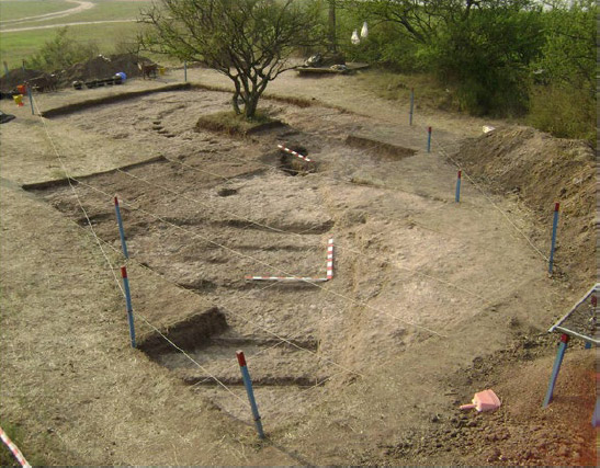 Figura 4. Área de excavaciones, desarrolladas entre 2000 y 2011, en la segunda batería. Obsérvense las huellas de postes y canaletas cavadas en la plancha de tosca. Vista sur-norte