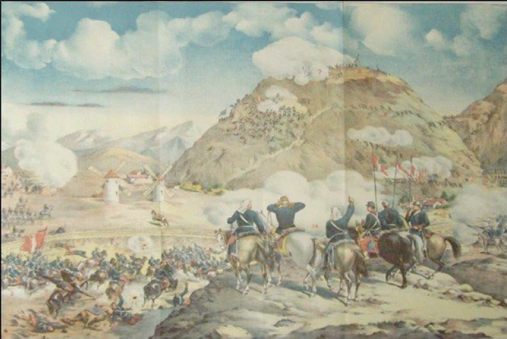 Figura 1. Grabado de la batalla del cerro San Francisco publicado en “Historia de Chile”, publicado inicialmente en “La Lira Chilena” en 1904 (Encina 1984)
