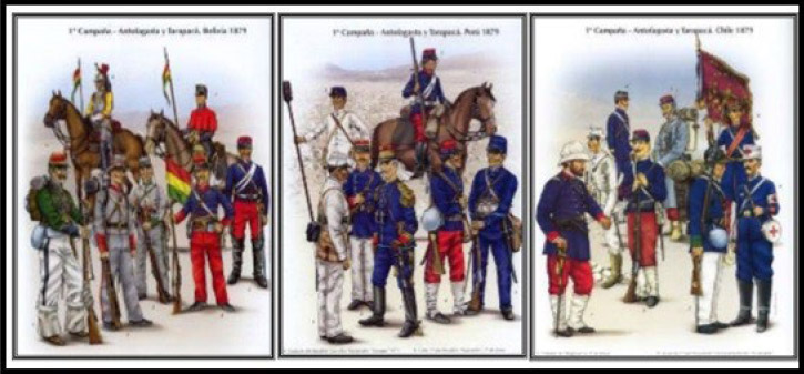 Figura 3. Uniformes bolivianos (izquierda), peruanos (centro) y chilenos (derecha) empleados durante la campaña de Tarapacá (Greve y Fernández 2006)