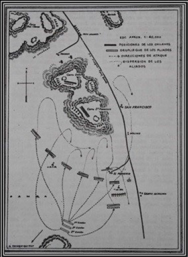Figura 5. Cartografía del año 1883 de la batalla de Dolores de 1879 (Barros Arana 1883)
