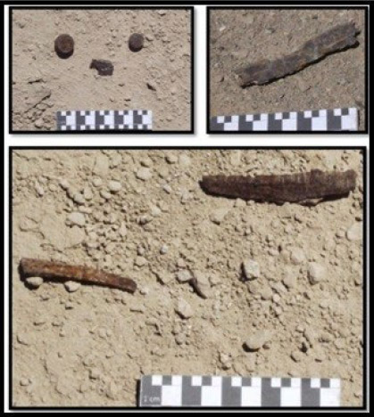 Figura 10. Fragmentos de esquirlas de granada de artilleria; la de arriba corresponde a granada La Hitte; las otras dos de abajo son de granada de artilleria Krupp de 60 mm