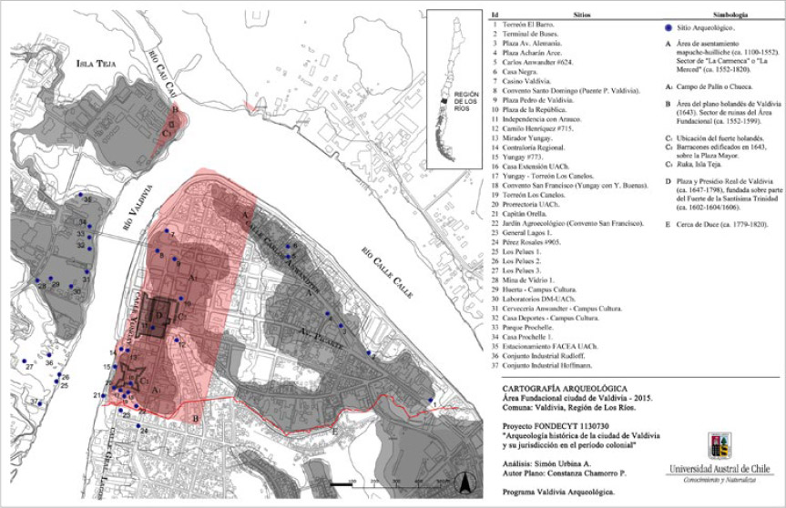 Figura 7. Cartografía arqueológica del Área Fundacional de Valdivia 2015
