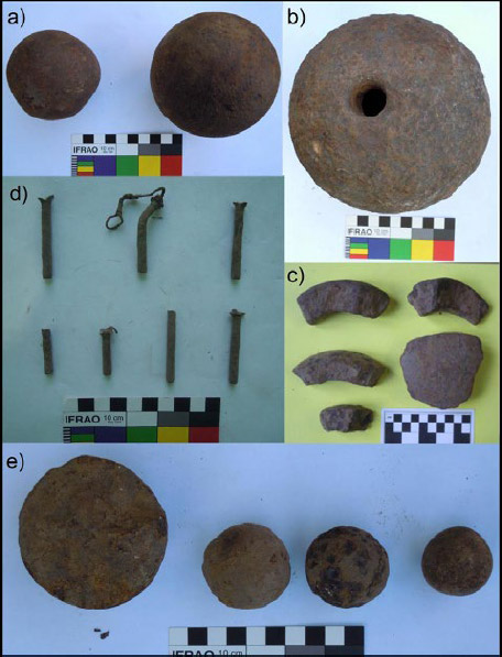 Figura 3. Elementos de artillería del campo de batalla de Cepeda: a) balas rasas b) granada de obús; c) esquirlas de granadas de obús; d) estopines de fricción en diversos estados; e) proyectiles de metralla (a, b, c y e, corresponden a materiales donados al Museo Histórico Mariano Benítez; d, materiales hallados en la investigación arqueológica del campo de batalla)