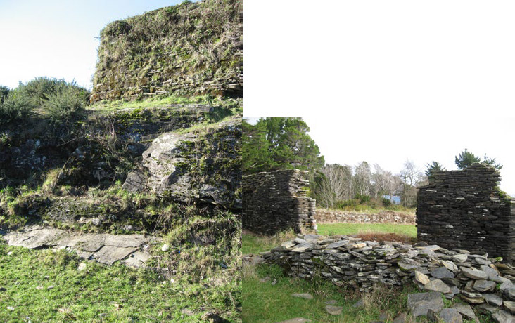 Figuras 4a y 4b. Imágenes del Fuerte de Amargos (izquierda) en cuya construcción y posteriores restauraciones se utilizó la cancagua y el esquisto (nótese el afloramiento metamórfico en la base del muro) y el Castillo de Mancera, en cuya construcción y posteriores restauraciones también se utilizó la cancagua y el esquisto