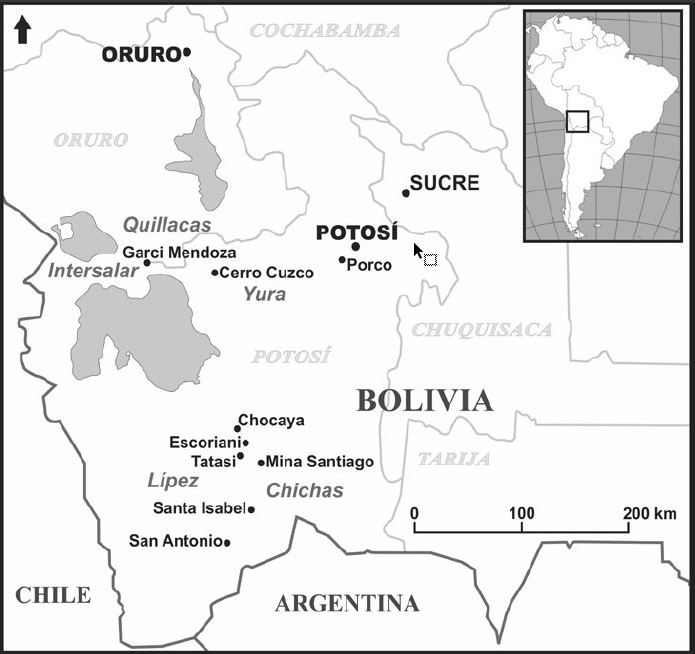 Figura 1. Mapa con localización de enclaves mineros coloniales estudiados