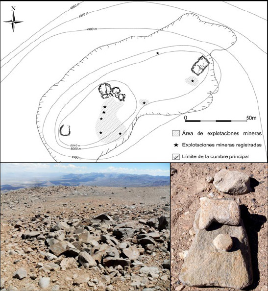 Figura 2. Croquis de planta y fotografías del sector con explotaciones mineras y adoratorio de altura inka en la cumbre del cerro Cuzco (Prov. A. Quijarro, Potosí)