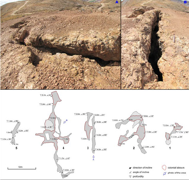 Figura 3. Fotografías y croquis de planta de las explotaciones mineras prehispánicas (sector 01), cerro San Felipe, Oruro