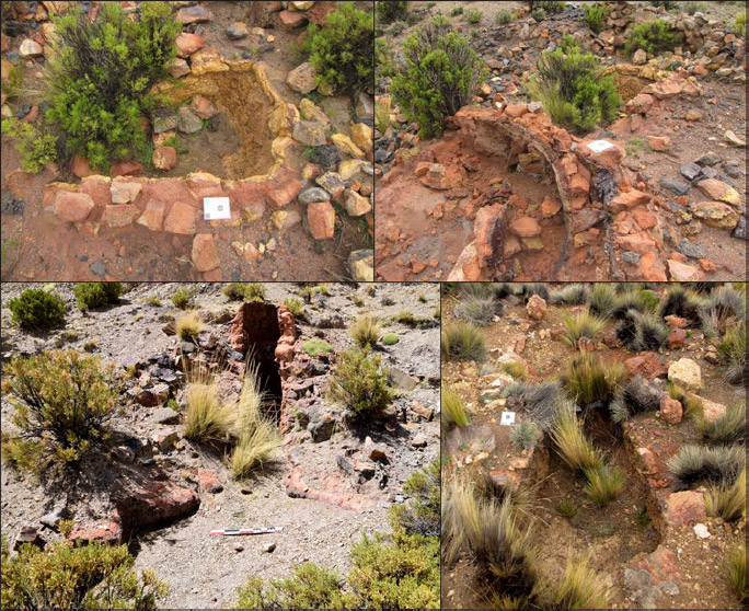 Figura 6. Fotografías de antiguos hornos reverbero de Escoriani (arriba), Mina Santiago (abajo izquierda) y Chocaya (abajo derecha)