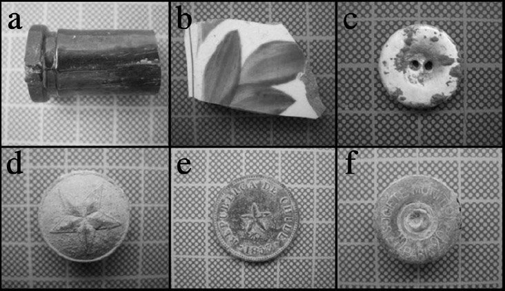 Figura 7.a: Gollete de vidrio con costuras laterales; b: Fragmento de posibleplato con decoracióntipoGaudy Dutch (Schávelzon 2000); c: Botón de nácar; d: Botón chileno de la Guerra del Pacífico (Márquez 1976); e: Moneda de medio centavo del año 1853; f: Vaina de munición calibre 20 con el marcaje “SOCIETE MUNITION PARIS 20”