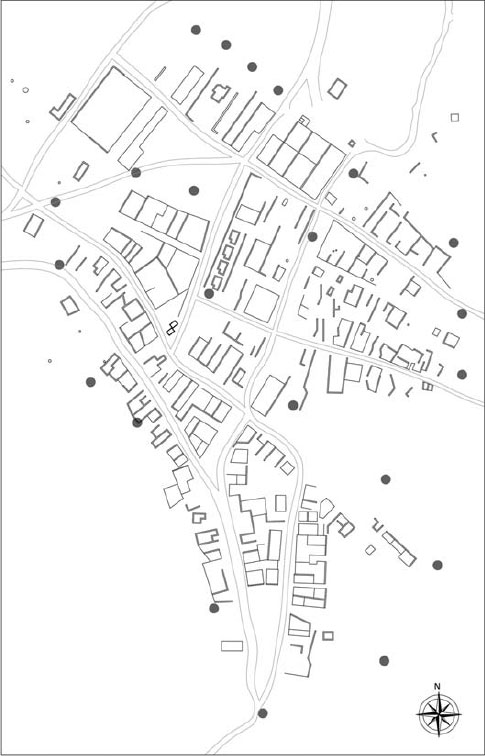 Figura 2. Plano Sector Primer Caracoles. Los puntos indican las unidades de registro de material cultural en superficie