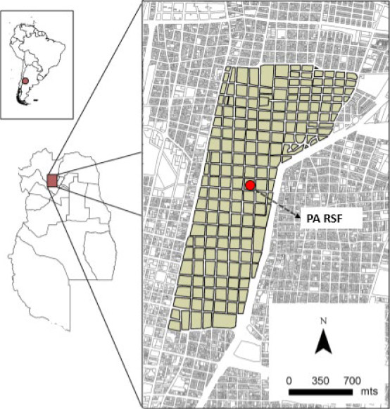Figura 1: Ubicación espacial del punto arqueológico RSF dentro del sito ciudad de Mendoza