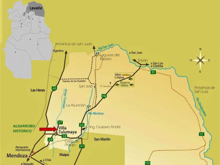 Figura 1. Mapa de la provincia de Mendoza, detalle del departamento de Lavalle y del Algarrobo Histórico