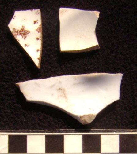 Figura 6. Fragmentos de loza de procedencia europea de la segunda mitad del siglo XIX. Nótese el detalle de la Flor de Lis