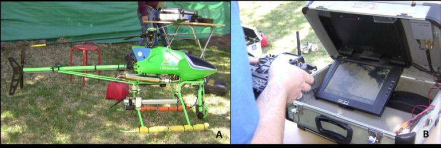 Figura 9.a. Helicóptero de radio control con cámara incorporada; b. sistema de teletransmisión y recepción de datos