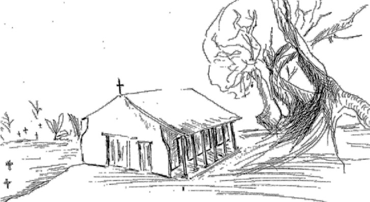 Figura 20. Imagen de la capilla realizadas por el Prof. Hernán Abal, según los resultados obtenidos en la prospección arqueológica preliminar. Año 2002