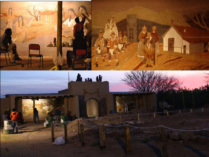 Figura 21 a. Mural donde se recrea la vida del huarpe durante la etapa prehispánica; b. Mural de la religiosidad popular, con representación de la Virgen Patrona y de la capilla erigida recientemente y en actividad; c. Vista panorámica de los restos de la Capilla Vieja y de las galerías del futuro Eco-Museo