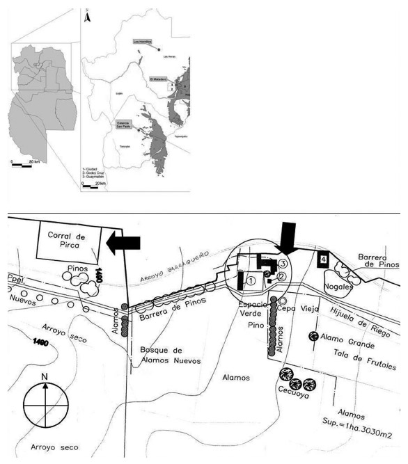 Figura 1. Localización del sitio trabajado: las flechas indican el corral de pirca, Galpones (1,2 y 4) y Casa (3)