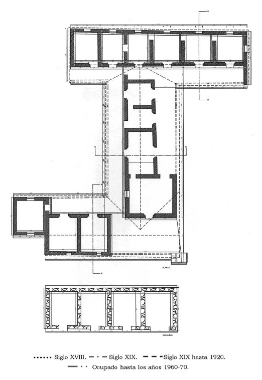 Figura 2. Planta de las estructuras relevadas en campo San Pablo (arriba casas de adobe y abajo planta de las casas de piedra del nivel inferior. Los números indican los nodos considerados en cálculos de indices). Etapas constructivas a la que corresponden los edificios relevados