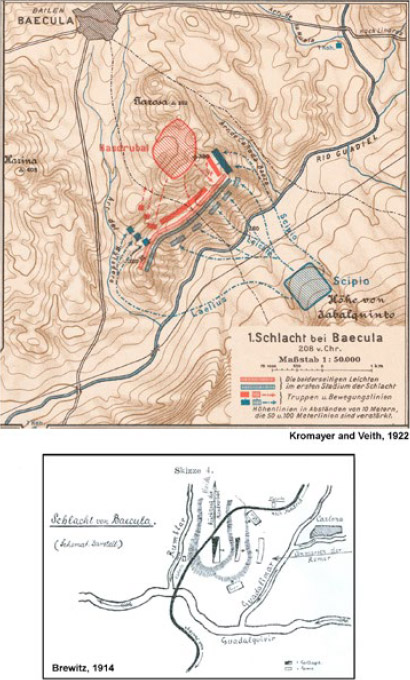 Figura 2. Localización de la batalla de Baecula según las propuestas de Kromayer y Veith (1922) y Brewitz (1914)