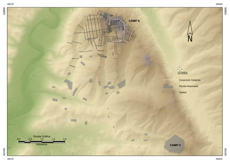 Figura 5. Muestreos de prospección arqueológica en el Cerro de las Albahacas. Sistema de transectos y parcelas. Localización de los campamentos A (cartaginés) y C (romano)